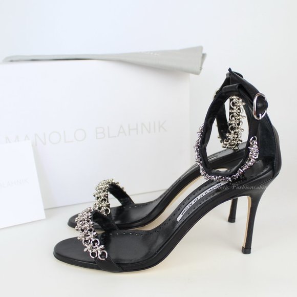 NEW MANOLO BLAHNIK Rekik Leather Chain Heeled Sandals - Picture 2 of 16